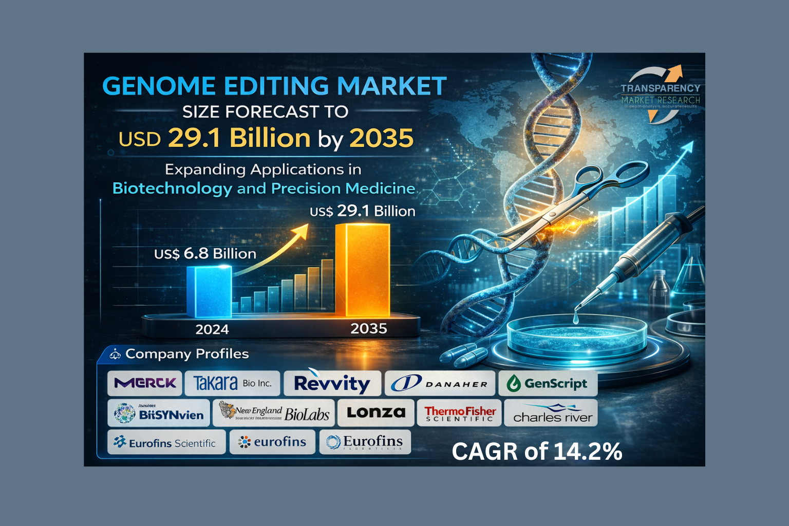 The global genome editing industry is projected to grow at a CAGR of 14.2% from 2025 to 2035 and reach US$ 29.1 Bn by the end of 2035