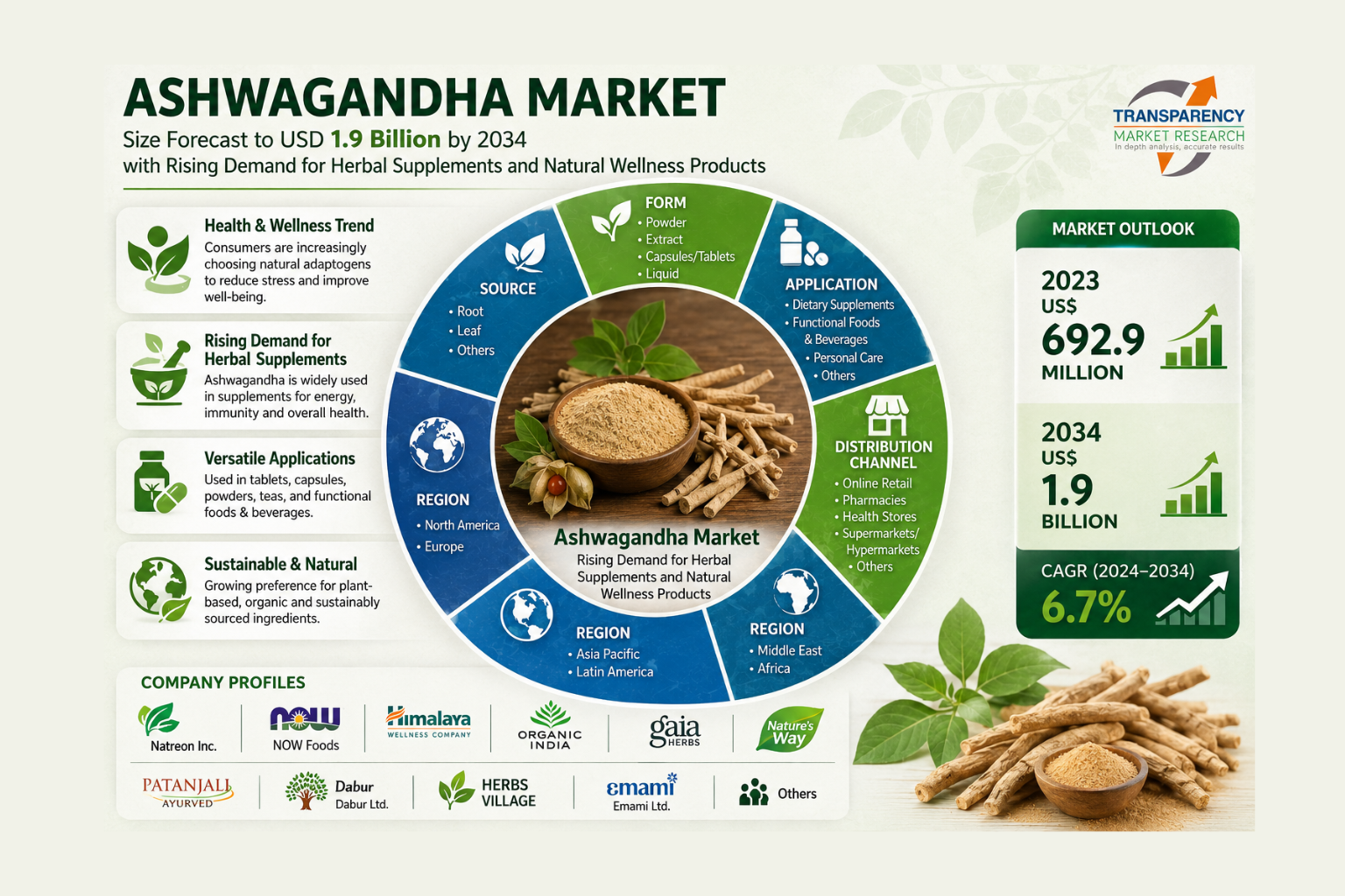 Ashwagandha Market Size Forecast to USD 1.9 Billion by 2034 with Rising Demand for Herbal Supplements and Natural Wellness Products – Analysis by Transparency Market Research